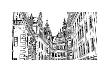 Almanya 'nın başkenti Dresden' in simgesi olan Print Building View 'dir. Vektörde elle çizilmiş çizim çizimi.
