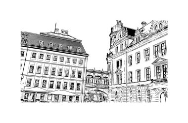 Almanya 'nın başkenti Dresden' in simgesi olan Print Building View 'dir. Vektörde elle çizilmiş çizim çizimi.