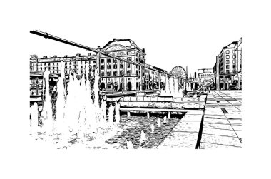 Almanya 'nın başkenti Dresden' in simgesi olan Print Building View 'dir. Vektörde elle çizilmiş çizim çizimi.