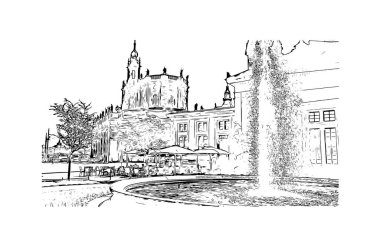 Almanya 'nın başkenti Dresden' in simgesi olan Print Building View 'dir. Vektörde elle çizilmiş çizim çizimi.