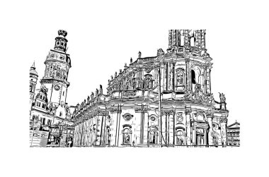 Almanya 'nın başkenti Dresden' in simgesi olan Print Building View 'dir. Vektörde elle çizilmiş çizim çizimi.