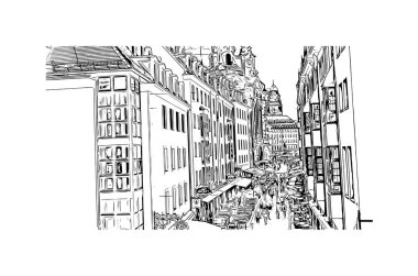 Almanya 'nın başkenti Dresden' in simgesi olan Print Building View 'dir. Vektörde elle çizilmiş çizim çizimi.