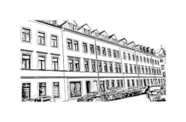 Almanya 'nın başkenti Dresden' in simgesi olan Print Building View 'dir. Vektörde elle çizilmiş çizim çizimi.