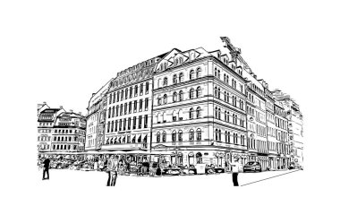 Almanya 'nın başkenti Dresden' in simgesi olan Print Building View 'dir. Vektörde elle çizilmiş çizim çizimi.