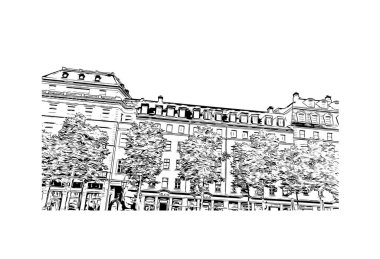 Almanya 'nın başkenti Dresden' in simgesi olan Print Building View 'dir. Vektörde elle çizilmiş çizim çizimi.