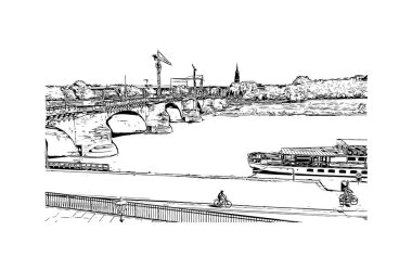 Almanya 'nın başkenti Dresden' in simgesi olan Print Building View 'dir. Vektörde elle çizilmiş çizim çizimi.