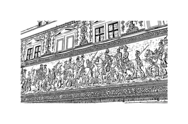 Print Gebouwenzicht Met Bezienswaardigheid Van Dresden Stad Duitsland Handgetekende Schets — Stockvector