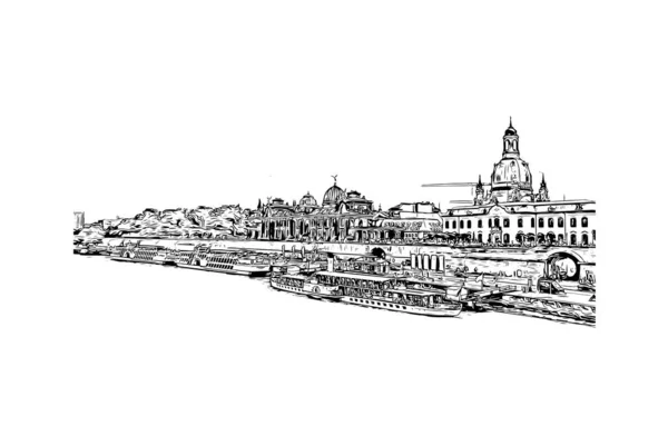 Вид Print Building Орієнтиром Дрездена Місто Німеччині Намальована Вручну Ілюстрація — стоковий вектор