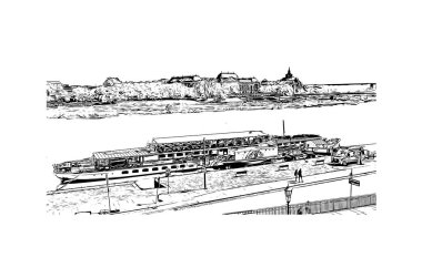 Almanya 'nın başkenti Dresden' in simgesi olan Print Building View 'dir. Vektörde elle çizilmiş çizim çizimi.