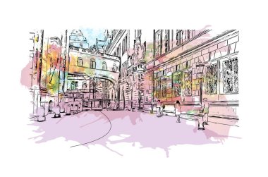 Almanya 'nın başkenti Dresden' in simgesi olan Print Building View 'dir. Vektör içinde elle çizilmiş çizim eşkali ile suluboya sıçraması.