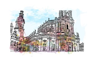 Almanya 'nın başkenti Dresden' in simgesi olan Print Building View 'dir. Vektör içinde elle çizilmiş çizim eşkali ile suluboya sıçraması.