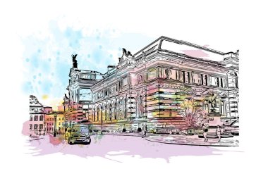 Almanya 'nın başkenti Dresden' in simgesi olan Print Building View 'dir. Vektör içinde elle çizilmiş çizim eşkali ile suluboya sıçraması.