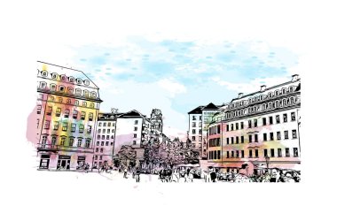 Almanya 'nın başkenti Dresden' in simgesi olan Print Building View 'dir. Vektör içinde elle çizilmiş çizim eşkali ile suluboya sıçraması.