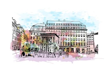 Almanya 'nın başkenti Dresden' in simgesi olan Print Building View 'dir. Vektör içinde elle çizilmiş çizim eşkali ile suluboya sıçraması.