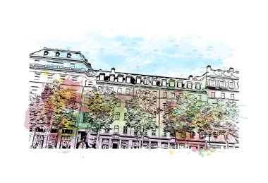 Almanya 'nın başkenti Dresden' in simgesi olan Print Building View 'dir. Vektör içinde elle çizilmiş çizim eşkali ile suluboya sıçraması.