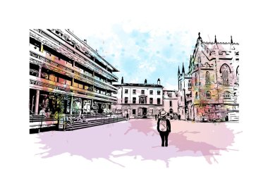 Print Building view with landmark of Dublin, İrlanda 'nın başkentidir. Vektör içinde elle çizilmiş çizim eşkali ile suluboya sıçraması.