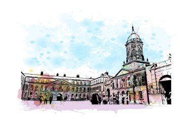Print Building view with landmark of Dublin, İrlanda 'nın başkentidir. Vektör içinde elle çizilmiş çizim eşkali ile suluboya sıçraması.
