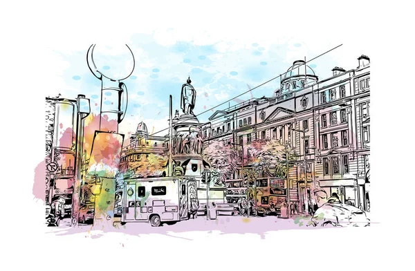 Print Building view with landmark of Dublin, İrlanda 'nın başkentidir. Vektör içinde elle çizilmiş çizim eşkali ile suluboya sıçraması.