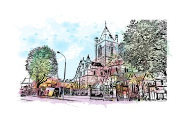 Print Building view with landmark of Dublin, İrlanda 'nın başkentidir. Vektör içinde elle çizilmiş çizim eşkali ile suluboya sıçraması.