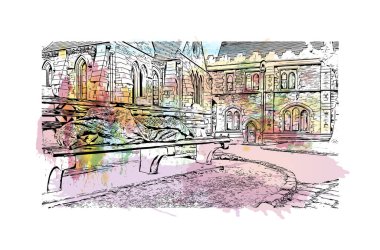 Print Building view with landmark of Dublin, İrlanda 'nın başkentidir. Vektör içinde elle çizilmiş çizim eşkali ile suluboya sıçraması.