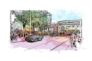 Print Building view with landmark of Dublin, İrlanda 'nın başkentidir. Vektör içinde elle çizilmiş çizim eşkali ile suluboya sıçraması.