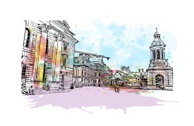 Print Building view with landmark of Dublin, İrlanda 'nın başkentidir. Vektör içinde elle çizilmiş çizim eşkali ile suluboya sıçraması.