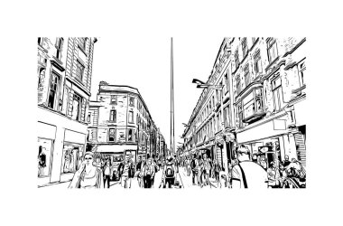 Print Building view with landmark of Dublin, İrlanda 'nın başkentidir. Vektörde elle çizilmiş çizim çizimi.