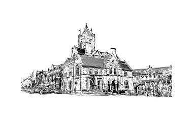 Print Building view with landmark of Dublin, İrlanda 'nın başkentidir. Vektörde elle çizilmiş çizim çizimi.