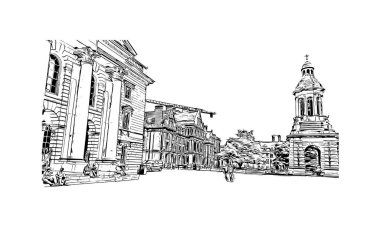 Print Building view with landmark of Dublin, İrlanda 'nın başkentidir. Vektörde elle çizilmiş çizim çizimi.