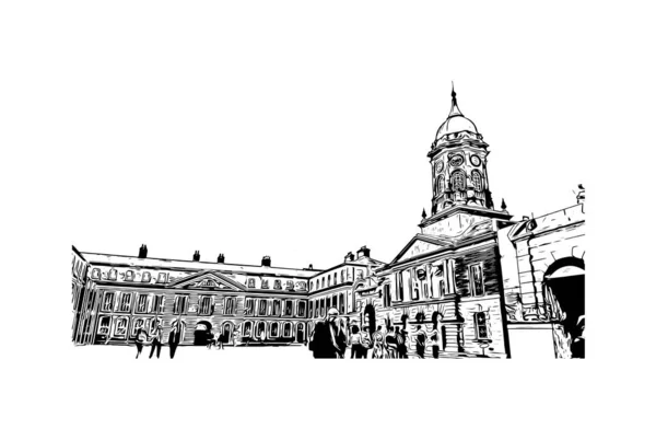 Stampa Vista Edificio Con Punto Riferimento Dublino Capitale Irlanda Illustrazione — Vettoriale Stock