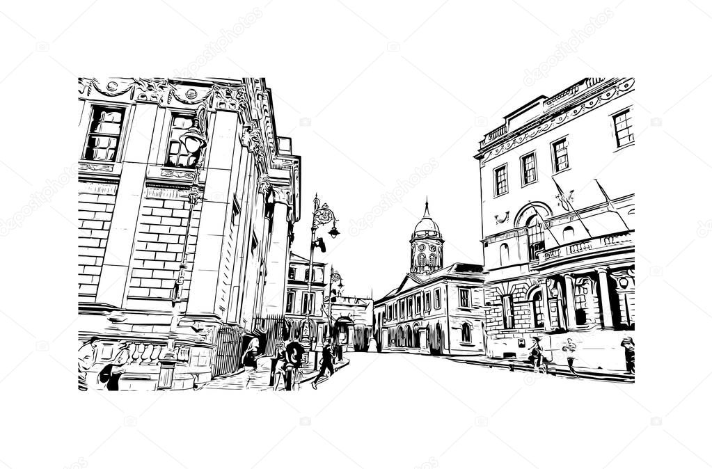 Print  Building view with landmark of Dublin is the capital of Ireland. Hand drawn sketch illustration in vector.