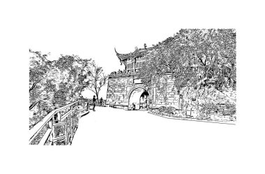 Print Building view with landmark of Dujiangyan is the city of China. Vektörde elle çizilmiş çizim çizimi.