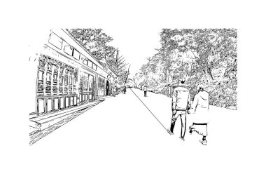 Print Building view with landmark of Dujiangyan is the city of China. Vektörde elle çizilmiş çizim çizimi.