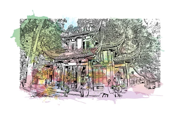 具有都江堰地标的印刷建筑景观是中国的城市 矢量水彩画素描水彩画 — 图库矢量图片