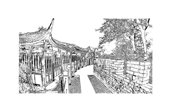 Imprimir Vista Del Edificio Con Hito Dujiangyan Ciudad China Dibujo — Vector de stock