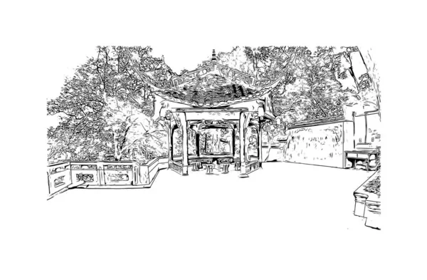 Print Building Vista Com Marco Dujiangyan Cidade China Desenho Desenhado — Vetor de Stock
