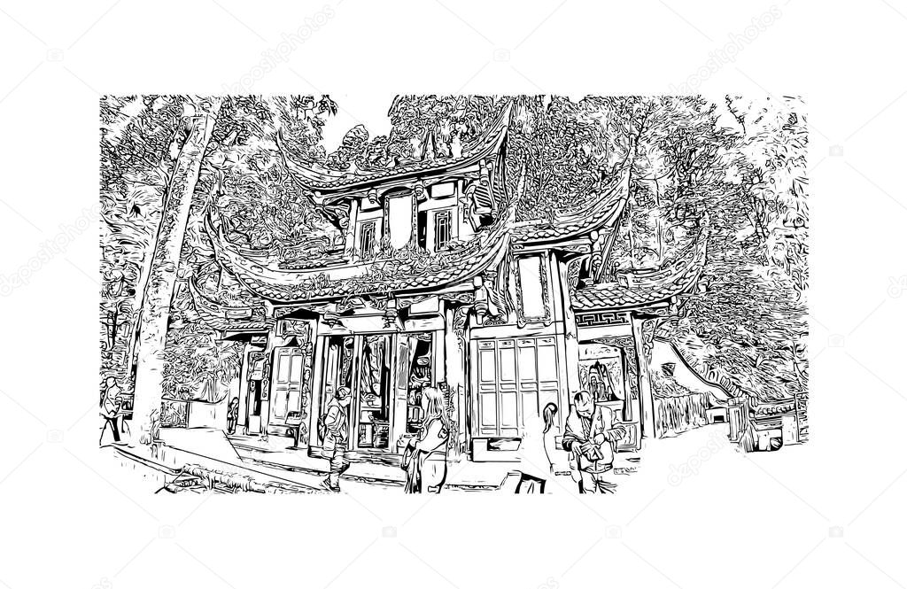 Print Building view with landmark of Dujiangyan is the city of China. Hand drawn sketch illustration in vector.