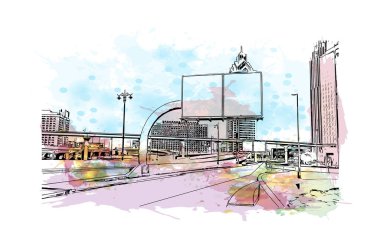 Print Building view with landmark of Dubai, Birleşik Arap Emirlikleri 'nde bir şehirdir. Vektör içinde elle çizilmiş çizim eşkali ile suluboya sıçraması.