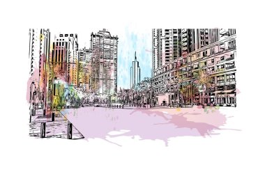 Print Building view with landmark of Dubai, Birleşik Arap Emirlikleri 'nde bir şehirdir. Vektör içinde elle çizilmiş çizim eşkali ile suluboya sıçraması.