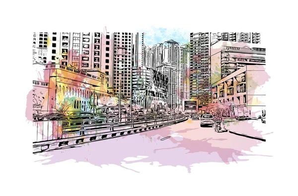 Print Building View Landmark Dubai City United Arab Emirates Akvarell — Stock Vector