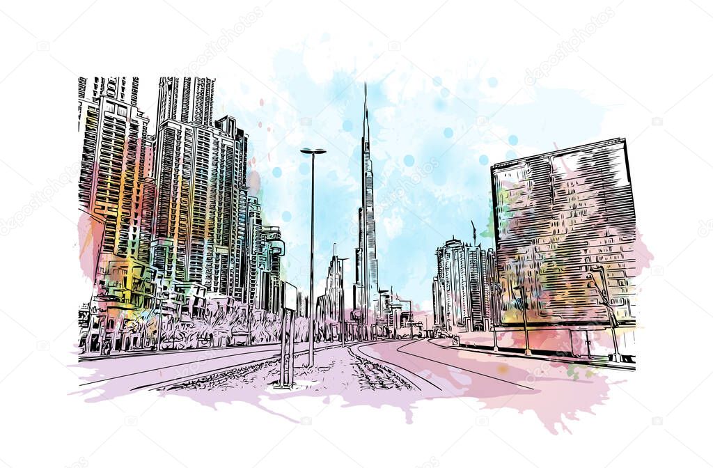 Print  Building view with landmark of Dubai is a city in the United Arab Emirates. Watercolour splash with hand drawn sketch illustration in vector.