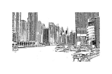 Print Building view with landmark of Dubai, Birleşik Arap Emirlikleri 'nde bir şehirdir. Vektörde elle çizilmiş çizim çizimi.