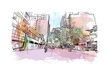 Print Building view with landmark of Duque de Caxias is the city in Brazil. Vektör içinde elle çizilmiş çizim eşkali ile suluboya sıçraması.