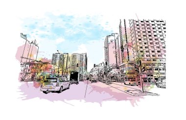 Print Building view with landmark of Duque de Caxias is the city in Brazil. Vektör içinde elle çizilmiş çizim eşkali ile suluboya sıçraması.