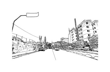 Print Building view with landmark of Duque de Caxias is the city in Brazil. Vektörde elle çizilmiş çizim çizimi.