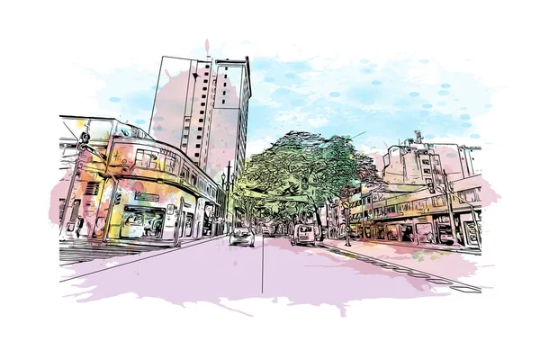 Print Byggnadsvy Med Landmärke Duque Caxias Staden Brasilien Akvarell Stänk — Stock vektor