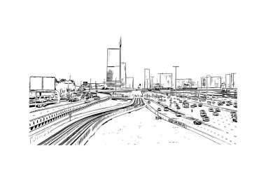 Print Building view of Dubai, Birleşik Arap Emirlikleri 'nde yer alan bir şehirdir. Vektörde elle çizilmiş çizim çizimi.
