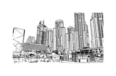 Print Building view of Dubai, Birleşik Arap Emirlikleri 'nde yer alan bir şehirdir. Vektörde elle çizilmiş çizim çizimi.