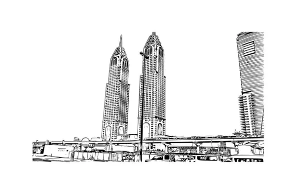 Stampa Vista Edificio Con Punto Riferimento Dubai Una Città Emirato — Vettoriale Stock