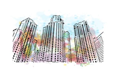 Print Building view of Dubai, Birleşik Arap Emirlikleri 'nde yer alan bir şehirdir. Vektör içinde elle çizilmiş çizim eşkali ile suluboya sıçraması.